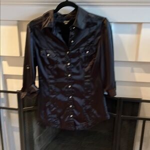 Guess Shiny Black Button Down Shirt, Y2K